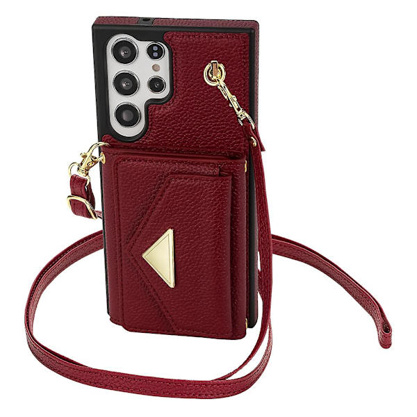 Samsung Galaxy S24 Ultra fodral med kortfack i läder + TPU-skydd med axelrem Wine Red