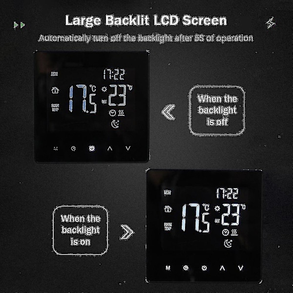 Wifi Smart Termostat Temperaturkontroll for Elektrisk Oppvarming LCD-skjerm Berøringsskjerm Uke Programmerbar App-kontroll Gulvvarme Termostat NO-WIFI electric heating Black