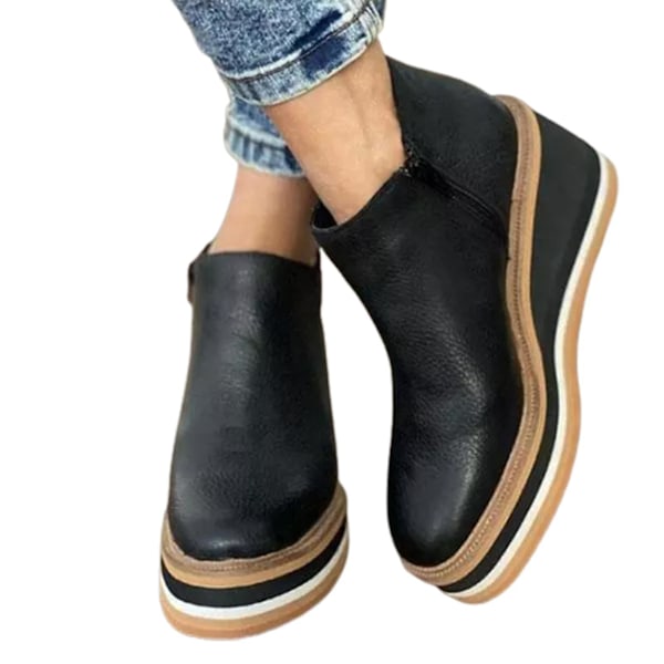 Kvinnors Premium Solid Colors Wedge Ankle Boots Rund Tå Skor Kilar Casual Skor Fashionabla 35 Black