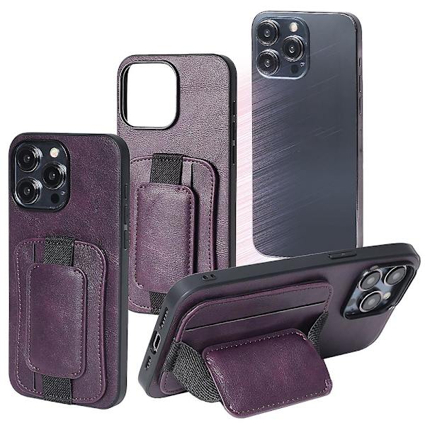 PU-läderbelagt TPU-telefonfodral med roterande handband, stativ och kortfack till iPhone 15 Pro Purple