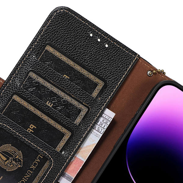Plånboksfodral i läder med RFID-blockering och stativfunktion till iPhone 15 Black