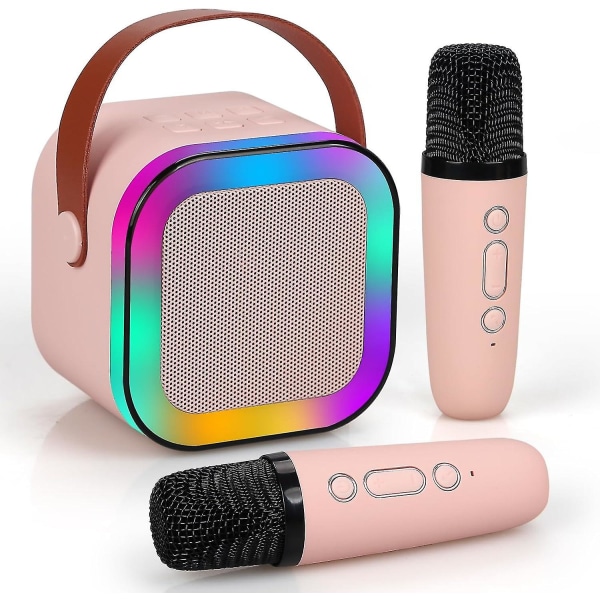 Karaoke-maskine til børn og voksne, mini bærbar Bluetooth-karaokehøjttaler med 2 trådløse mikrofoner og dynamiske lys, hjemmekaraoke, udendørs, rejser (beige Pink