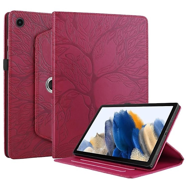 Til Samsung Galaxy Tab A8 10.5 Træ Liv Relief Rotation Læder Smart Tablet Etui Red