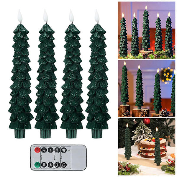 4 st Flameless Ljus LED Julgranformade Ljus med 3D Flamma Veke Batteridrivna Ljus med Fjärrkontroll Timer för Heminredning Qinghai Green