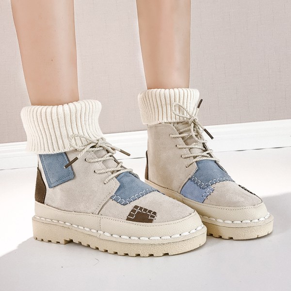 Women's Retro Suede Ankle Boots Casual Shoes Platform Flats Beige,38