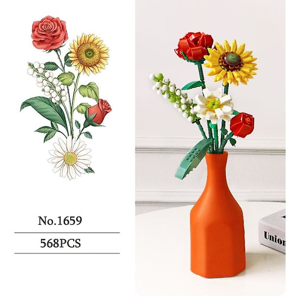 Byggsten Bouquet 3D Modell Leksak Heminredning Kruka Krysantemum Ros Blomma Montering Tegel Flickleksak Barnpresent 1659 With Box