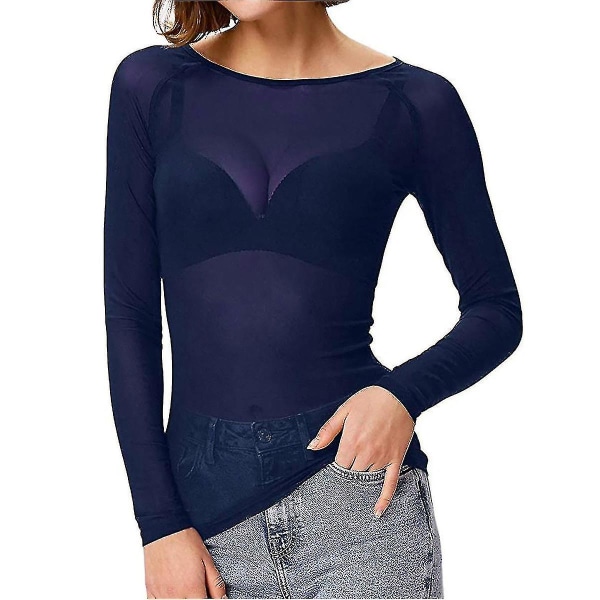 Kvinder Gennemsigtig Langærmet Sømløs Arm Shaper Top Mesh Skjorte Bluse Blue L