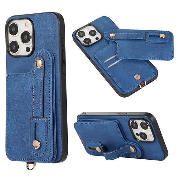 Fodral för Iphone 14 Pro Max med stativ och kortfack i TPU+läder Blue