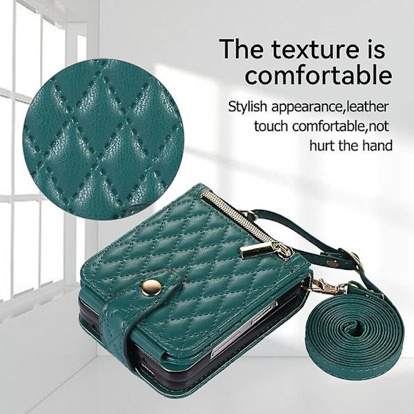 For Samsung Galaxy Z Flip5 Crossbody Diamond Lattice Folding Leather Mobile Phone Case Dark Green