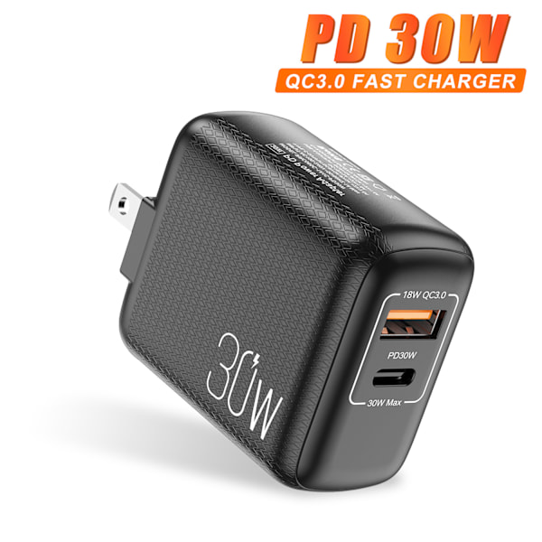 QC3.0 hurtiglading PD-lader 20W egnet for Apple 13 USB-A+Type-c dobbel port laderhode black american standard