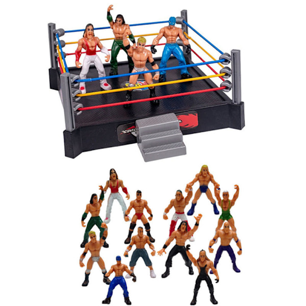 WWE Mini Wrestling Figursett med Brytere, Lekefigurer med Kvadratisk Ring og Tilbehør, Morsomme Miniatyrkampfigurer, Gave av Høy Kvalitet 636-C Four Square Arena