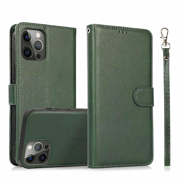 For iPhone 15 PU Lær Lommebok Telefondeksel Stativ 2-i-1 Avtakbart Magnetisk Deksel med Rem Green
