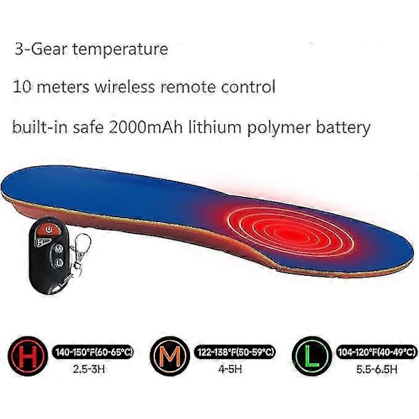 Oppvarmede såler, oppladbare trådløse USB-oppvarmede såler med fjernkontroll, elektriske oppvarmede såler fotvarmer for vinterutendørs jakt, ski red 35-40 (S size)