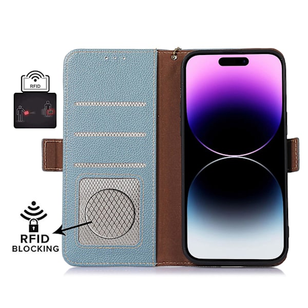 Plånboksfodral i läder med RFID-blockering för iPhone 15 Blue
