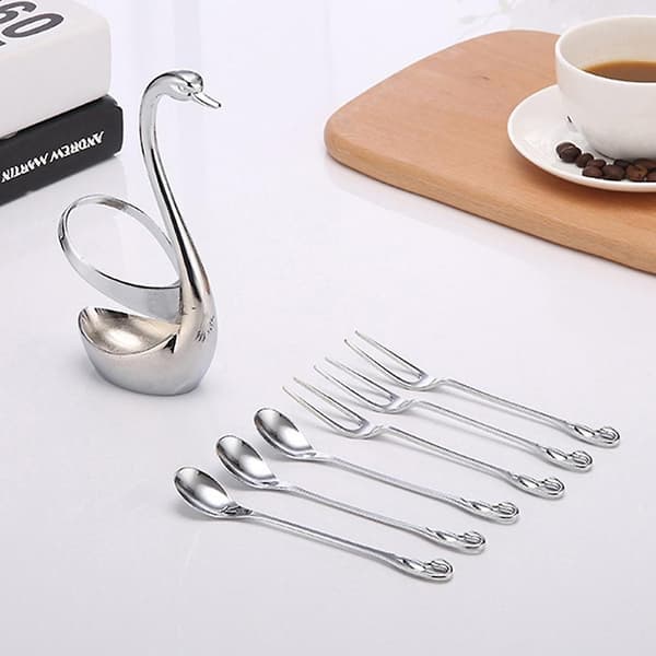 Rustfrit Svaneformet Bestikholder i Rustfrit Stål 1 Holder 3pcs Fork 3pcs Spoon