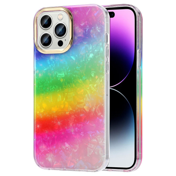 For iPhone 14 Pro deksel IMD mønster PC+TPU telefondeksel med galvanisert linseramme Y2 Rainbow