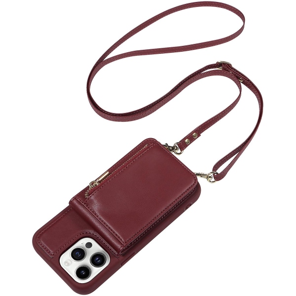 For Iphone 15 Pro Etui Fallsikkert Pu+tpu Støttefot Glidelås Lommetelefonbeskytter Wine Red