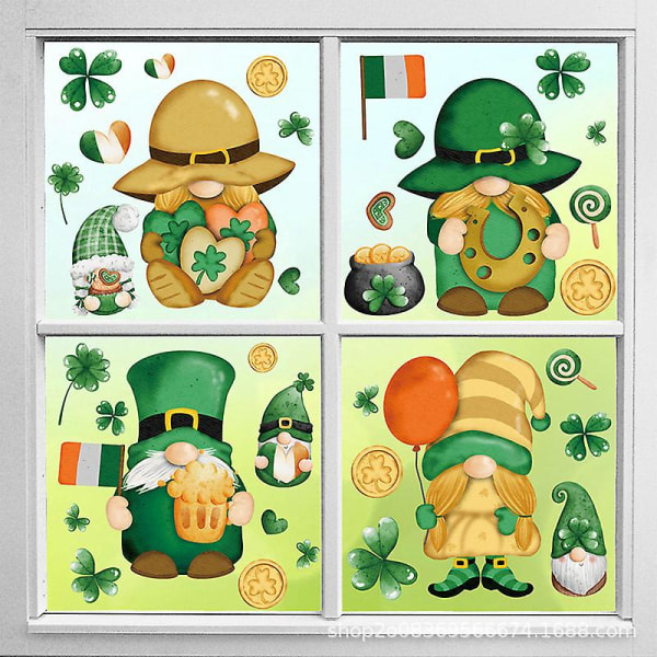 9 ark St. Patrick's Day fönsterdekaler tecknade tomtar Shamrock fönsterdekaler dubbelsidiga Happy Holiday fönsterdekor för irländsk semester Hem Scho