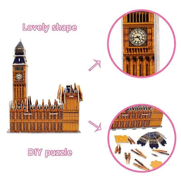DIY 3D Big Ben Klokke Puslespill Håndlaget Monteringspuslespill for Barn og Voksne Morsom Montering Utdanningsleker Kunstdekorasjon Red