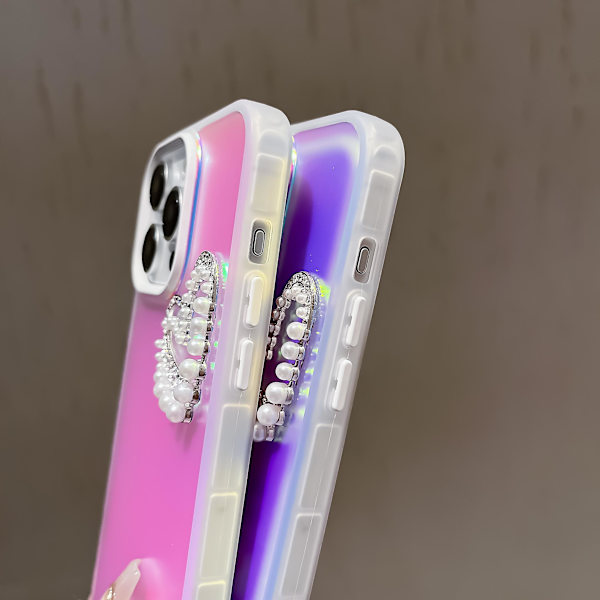 Til iPhone 14 Pro Etui med håndledsrem Laser Effekt PC+TPU Perler Hjerte Dekor Telefonbeskytter White