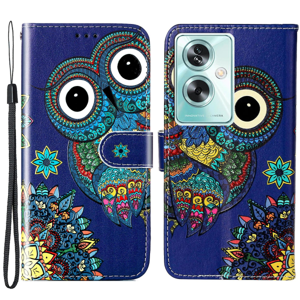 Oppo A79 5g / A2 5g -puhelinkotelo, PU-nahkaa + TPU-kuvioitu kääntöjalustalla varustettu puhelimen suojus Blue Owl