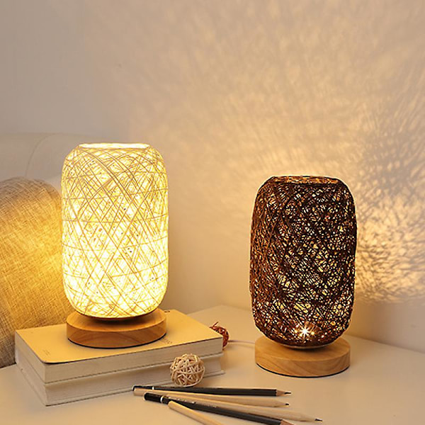 Sängbord Dekoration Kreativ Uppladdningsbar LED Nattlampa Trä Snöre Rattan Bordlampa Hampa Boll Liten Bordlampa brown