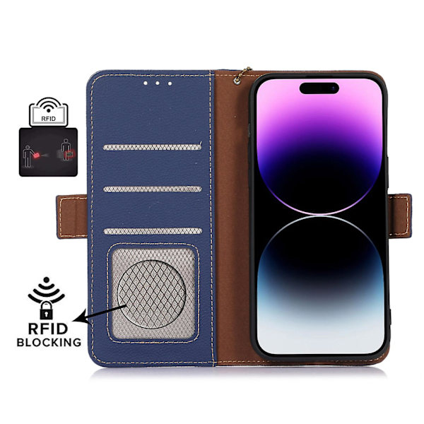 Plånboksfodral i läder med RFID-blockering för iPhone 15 Sapphire