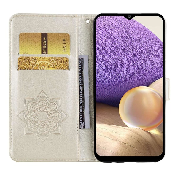 For Samsung Galaxy A14 5g Rhinestone Decor Scratch Resistant Phone Cover, Imprinting Owl Flower Pattern Stand Wallet Leather Case Gold