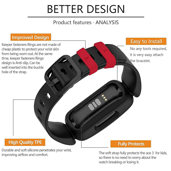 Treingi-armbånd for Fitbit Ace 3 barn silikon vanntett armbånd tilbehør sportsklokke stropp erstatning for Fitbit Ace 3 gutter jenter Red