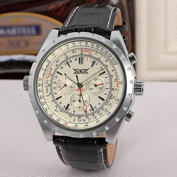 Herrar Automatisk Mekanisk Armbandsur med Läderrem Kalender Datumvisning White