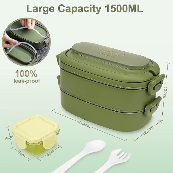 Kis bento matlåda, 1550 ml bentolåda med bestick, vuxen/kis/toler läckagesäker lunchbehållare, perfekt storlek för på språng, arbete, skola, pi