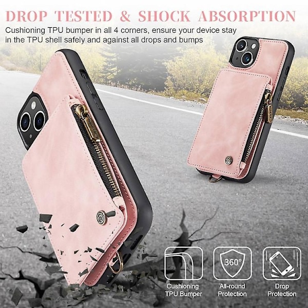 For Iphone 15 Caseme C20 Multifunktionel Rfid Læder Mobiltelefon Etui Pink 15 Plus