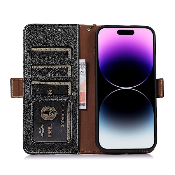 Plånboksfodral i läder med RFID-blockering och stativfunktion till iPhone 15 Black