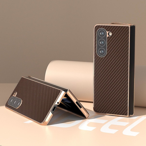 Elektropletning kulfiber tekstur PU læderbelagt PC telefoncover til Samsung Galaxy Z Fold5 5g Brown