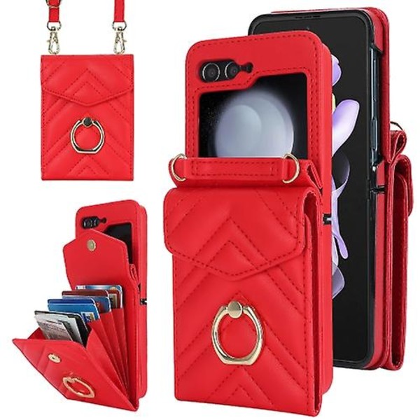 Til Samsung Galaxy Z Flip5 V-formet Rfid-kortspor Mobiltelefonetui med Ringholder Red