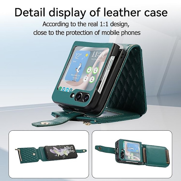 For Samsung Galaxy Z Flip5 Crossbody Diamond Lattice Folding Leather Mobile Phone Case Dark Green