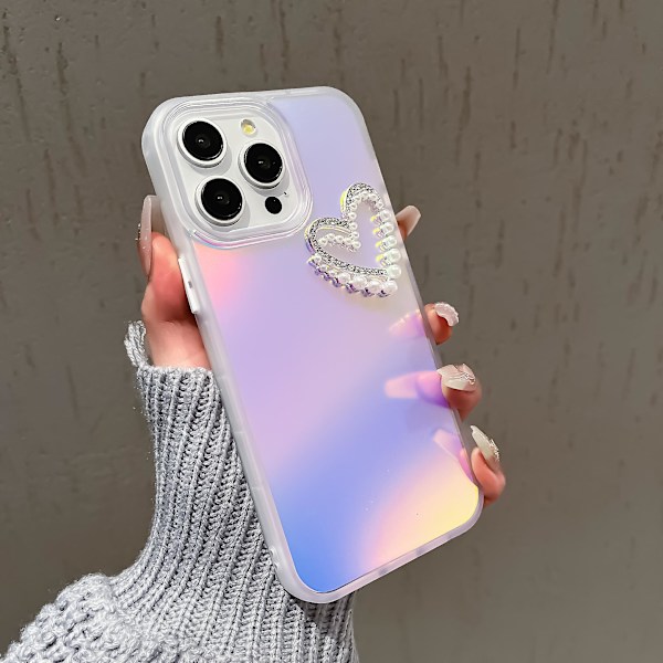 Til iPhone 13 Pro 6,1 tommer etui laser effekt PC+TPU perler hjerte dekor mat telefoncover Transparent