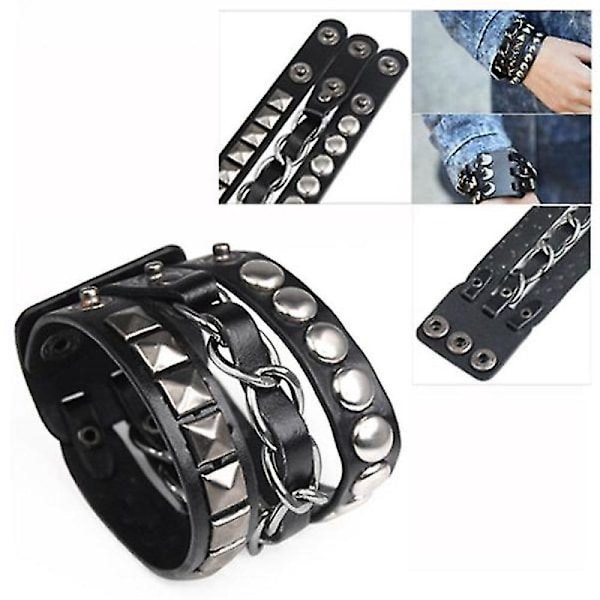 Punk Rock Rivet Multi Layers Circles Stud Chain Leather Bracelet