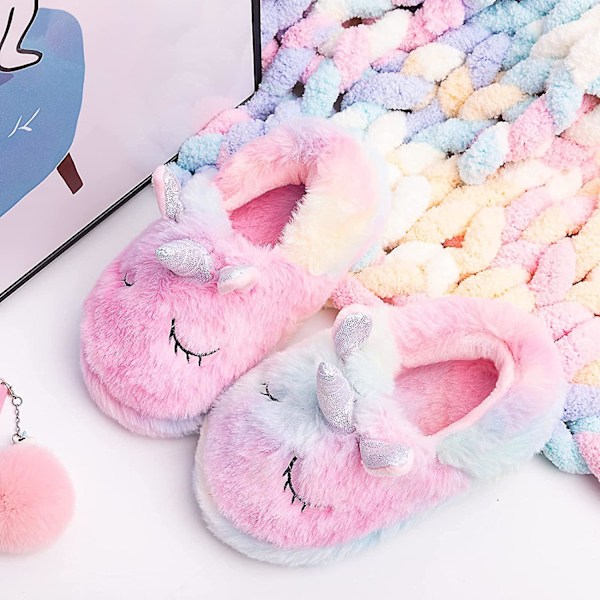 Sateenkaariyksiönten tossut/ söpöt pörröiset tyttöjen tossut/ mukavat plushiset sisä- ja ulkotossut naisille/ parhaat yksiönten lahjat Unicorn Shoes 1.5-3 Little Kid