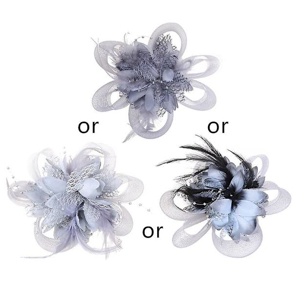 Blomsterfjäderpärlor Mesh Corsage Hårklämmor Fascinator Brudhårsband Gray