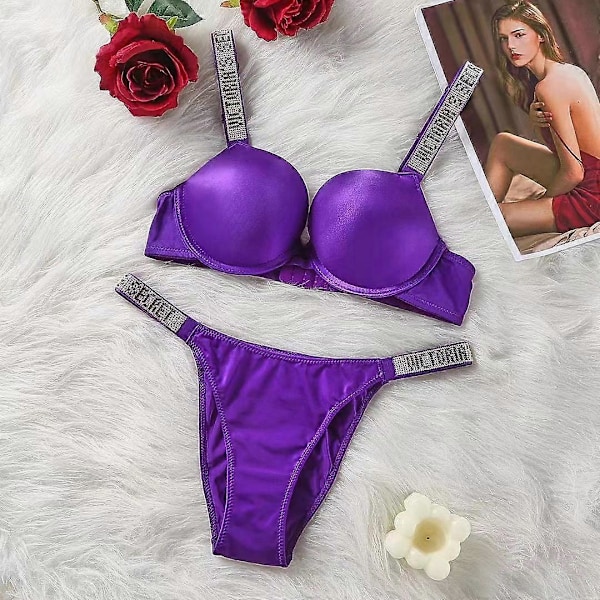 Ny Lingerie Damuppsättning - Het Spets, Sexig Push-Up BH, Hemlig BH-Set 80C Purple