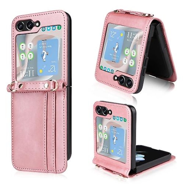 För Samsung Galaxy Z Flip5 Crossbody Card Slot Läder Mobiltelefonfodral Pink