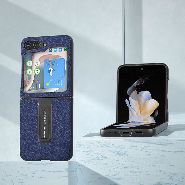 For Samsung Galaxy Z Flip5 5g Kickstand Telefondeksel Ekte Ku Lær + PC Litchi Texture Deksel Sapphire