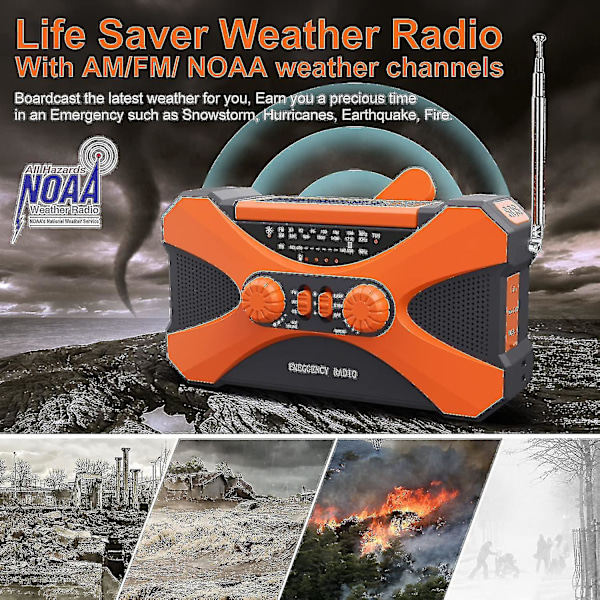 10000mAh Nødradio, Solcelledrevet Radio med Håndsving, Bærbar AM/FM/NOAA Vejrradio med Telefonoplader Lommelygte Orange