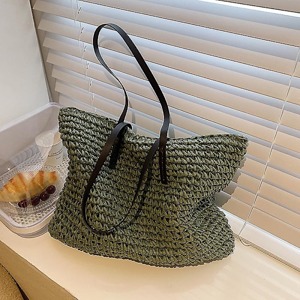Damhandväska Sommar Strandväska Rotting Flätad Handgjord Stickad Halm Stor Kapacitet Tote Läder Dam Axelväska Bohemisk Ny khaki add ribbon