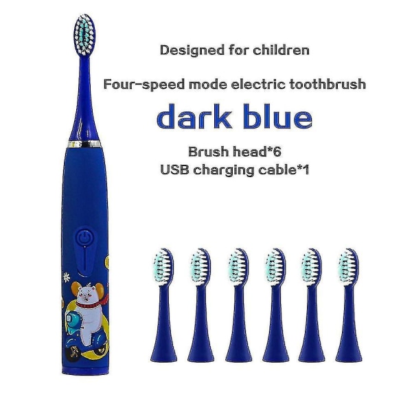 Barn Elektrisk Tandborste Oral Care Tandrengöring USB Laddning Med 6 Extra Huvuden Dark Blue