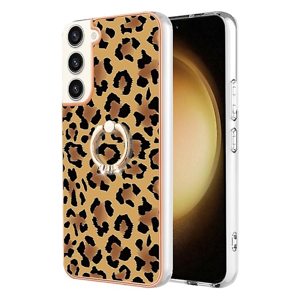 Til Samsung Galaxy S22+ 5g Elektroplettering Dobbeltsidet Imd Mobiltelefonetui Med Ringholder Leopard Print