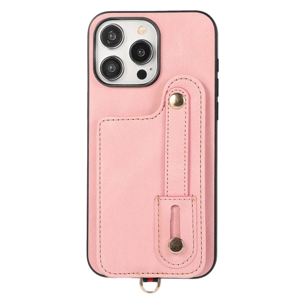 For Iphone 14 Pro Max Deksel Stativ Kortholder Tpu+lær Telefondeksel Pink