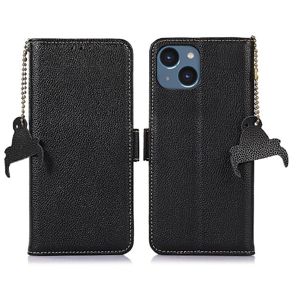 Plånboksfodral i läder med RFID-blockering och stativfunktion till iPhone 15 Black