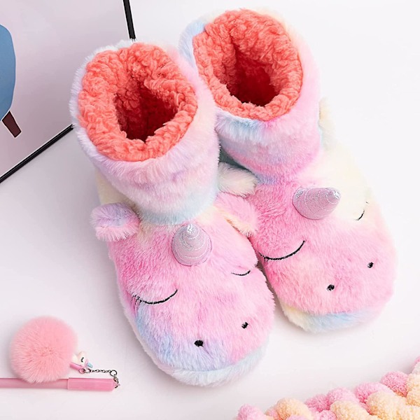 Sateenkaariyksiönten tossut/ söpöt pörröiset tyttöjen tossut/ mukavat plushiset sisä- ja ulkotossut naisille/ parhaat yksiönten lahjat Unicorn Boots 1.5-3 Little Kid